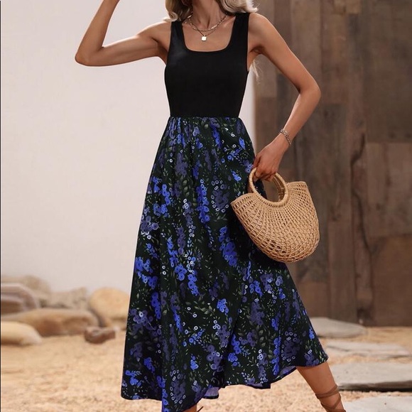 🖤 BOHO BLACK BLUE FLORAL MAXI DRESS! - Picture 3 of 5